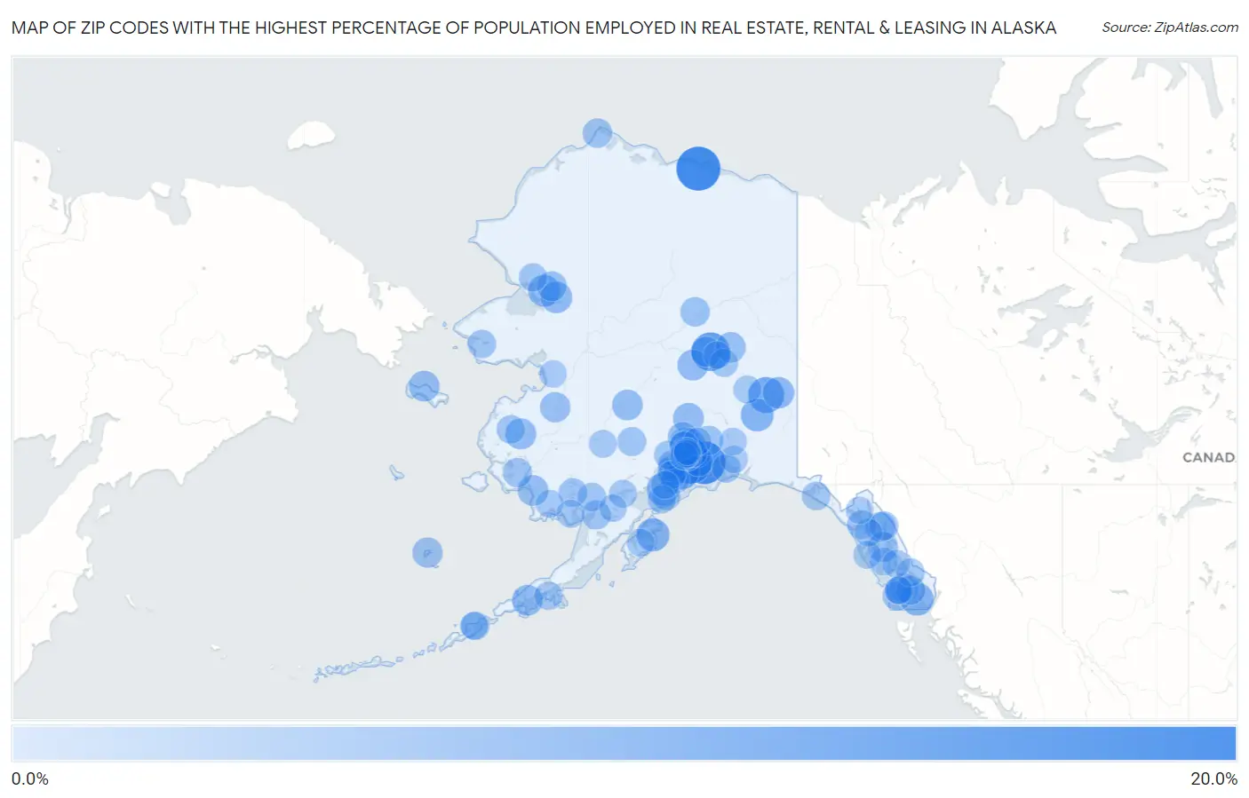 Zip Codes with the Highest Percentage of Population Employed in Real Estate, Rental & Leasing in Alaska Map