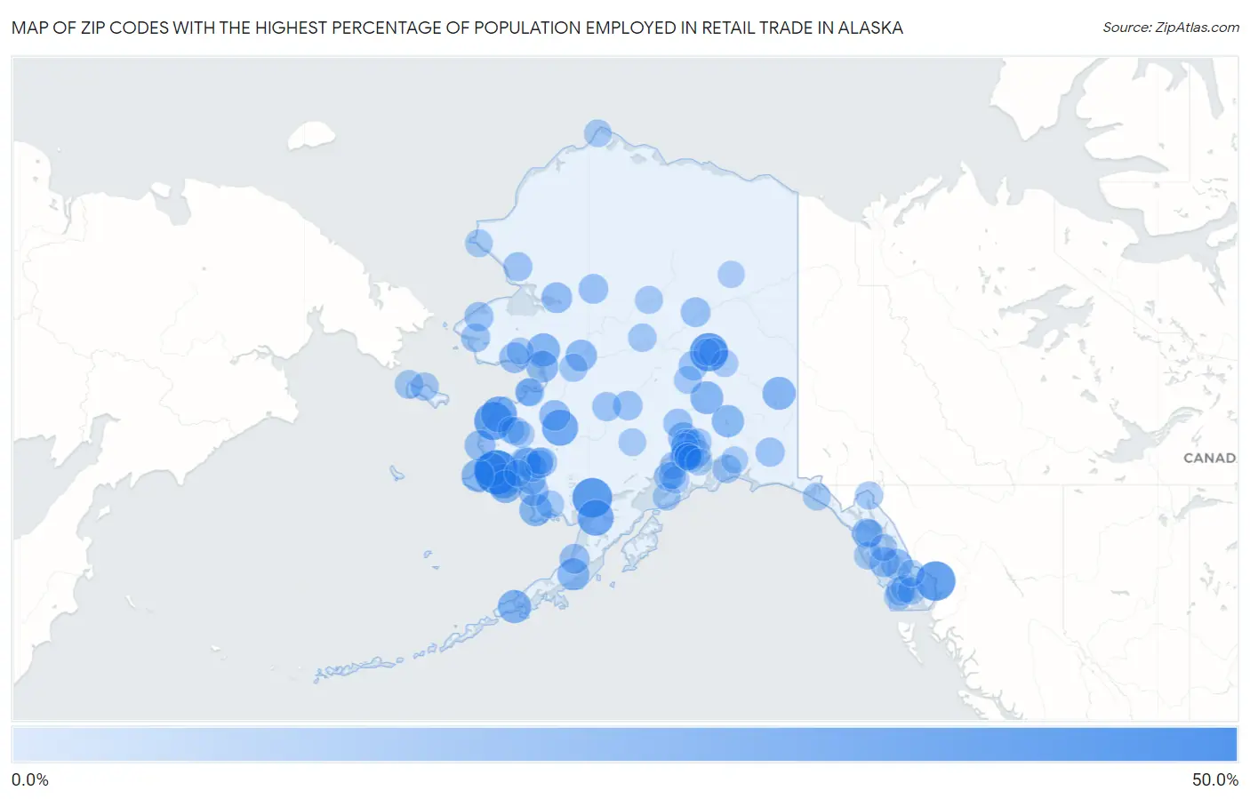 Zip Codes with the Highest Percentage of Population Employed in Retail Trade in Alaska Map