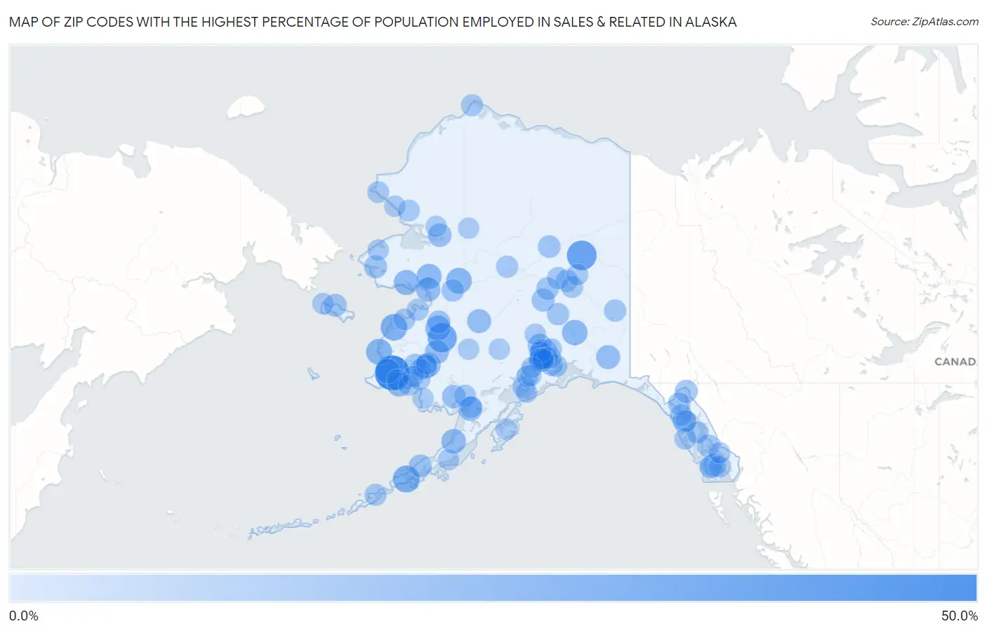 Zip Codes with the Highest Percentage of Population Employed in Sales & Related in Alaska Map