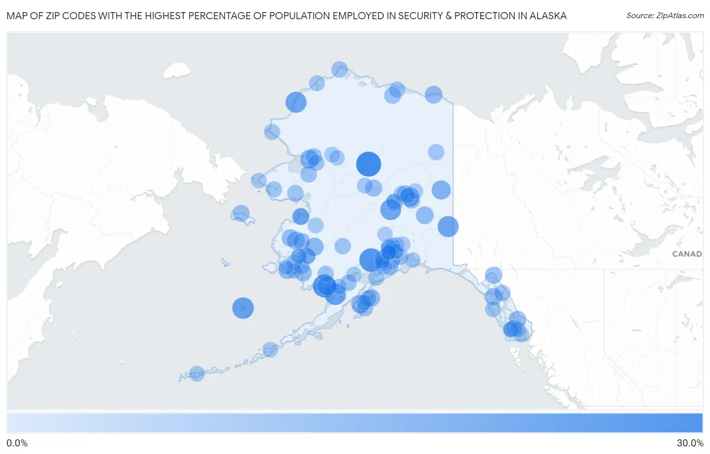 Zip Codes with the Highest Percentage of Population Employed in Security & Protection in Alaska Map