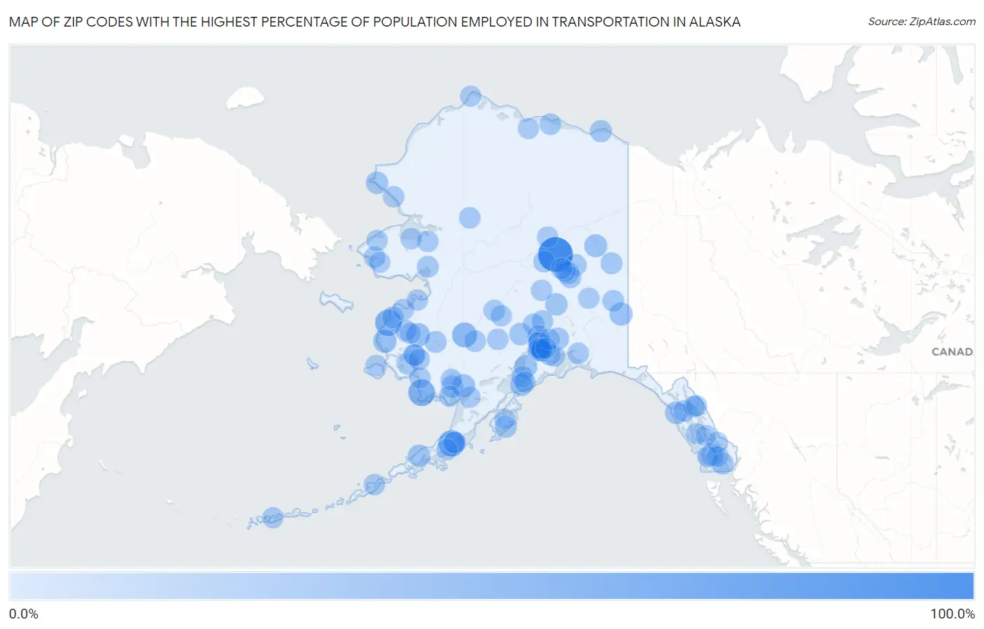 Zip Codes with the Highest Percentage of Population Employed in Transportation in Alaska Map