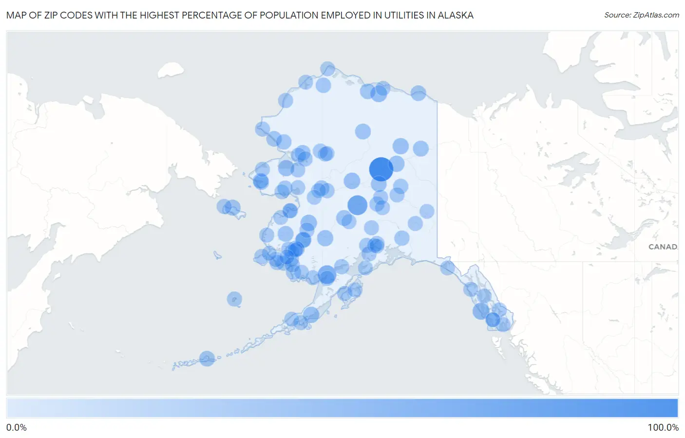 Zip Codes with the Highest Percentage of Population Employed in Utilities in Alaska Map