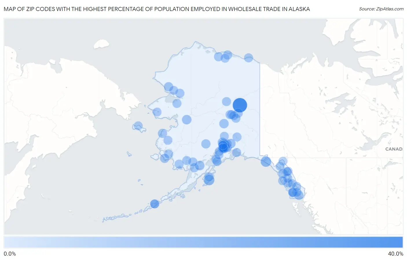 Zip Codes with the Highest Percentage of Population Employed in Wholesale Trade in Alaska Map