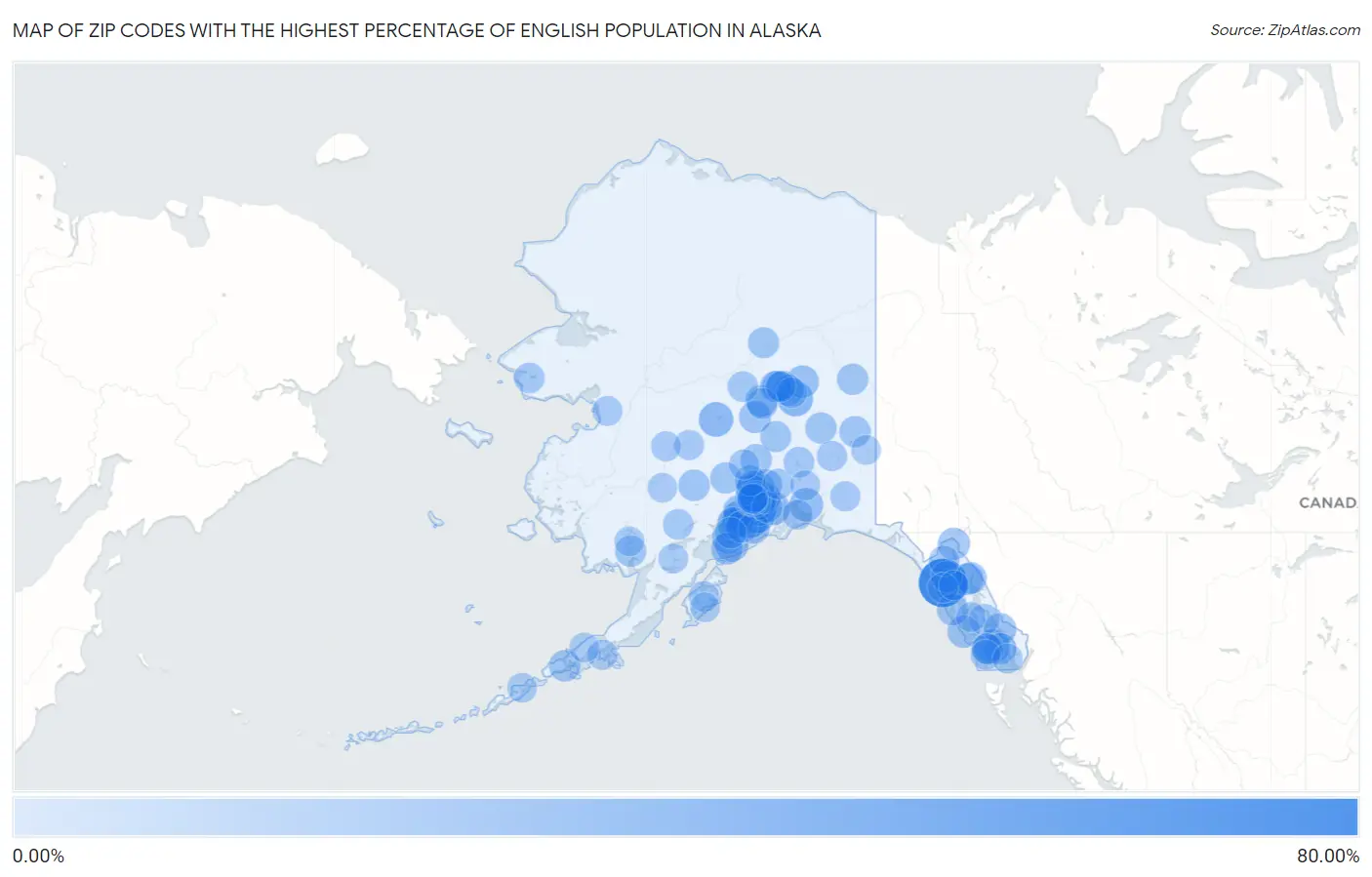 Zip Codes with the Highest Percentage of English Population in Alaska Map