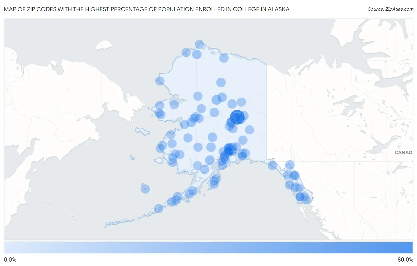 Zip Codes with the Highest Percentage of Population Enrolled in College in Alaska Map