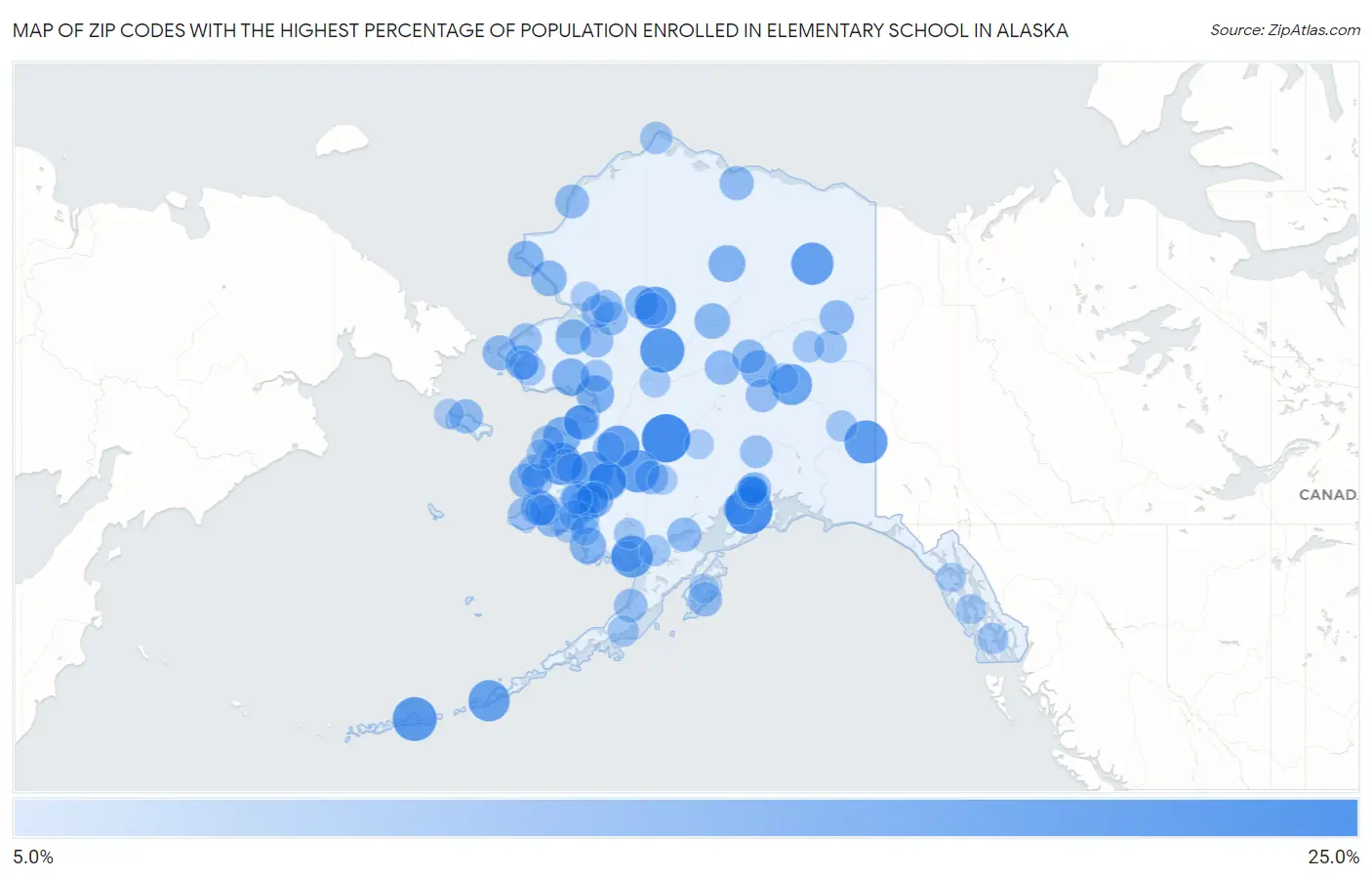 Zip Codes with the Highest Percentage of Population Enrolled in Elementary School in Alaska Map