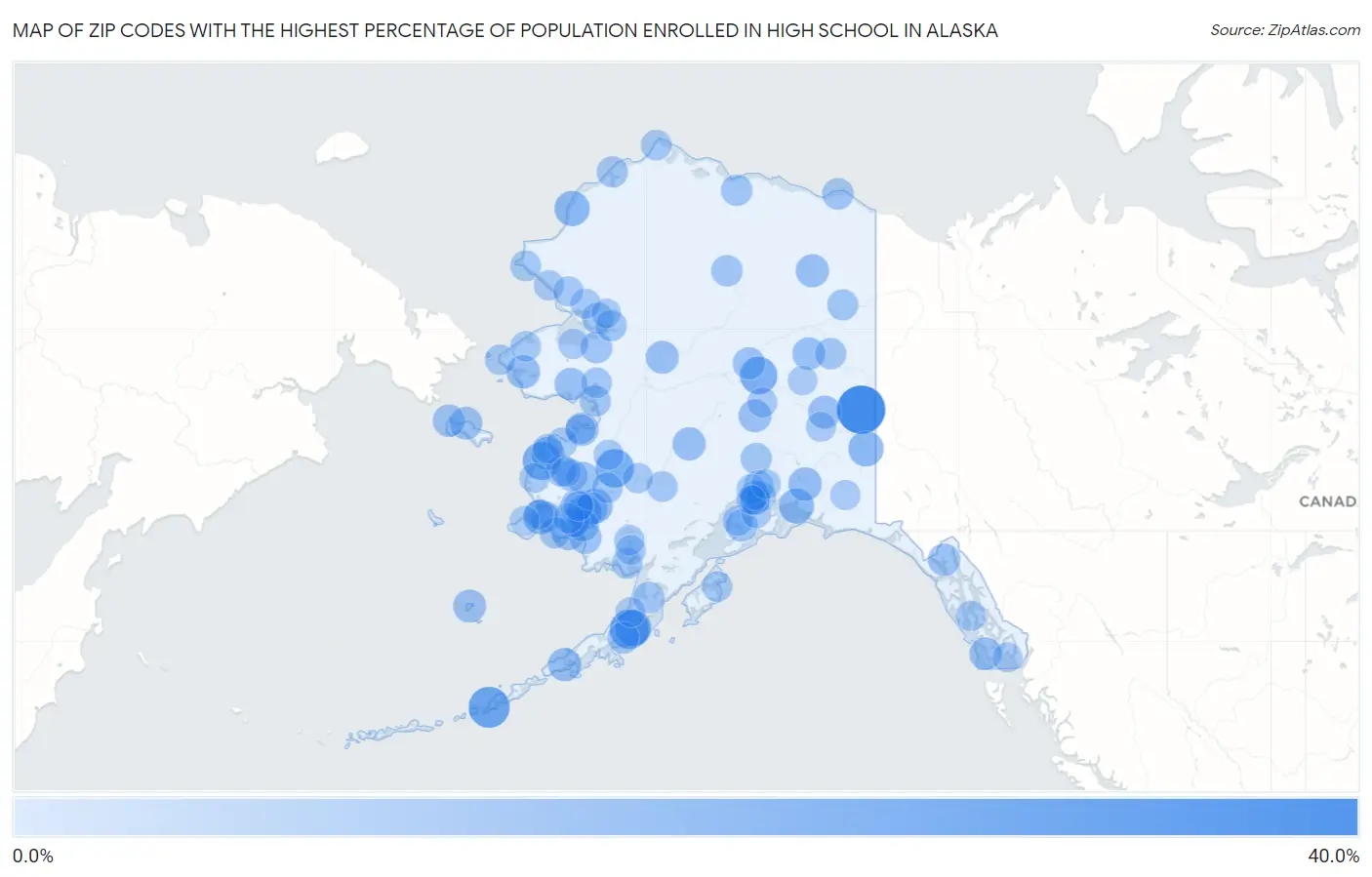 Zip Codes with the Highest Percentage of Population Enrolled in High School in Alaska Map