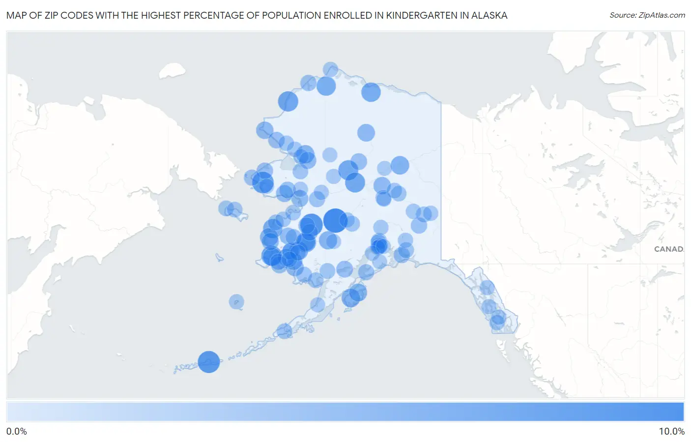 Zip Codes with the Highest Percentage of Population Enrolled in Kindergarten in Alaska Map