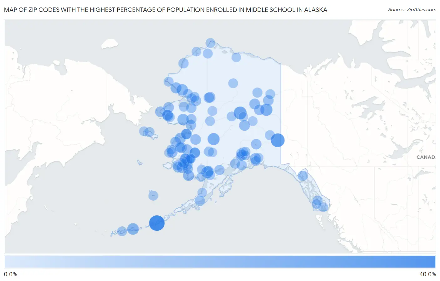Zip Codes with the Highest Percentage of Population Enrolled in Middle School in Alaska Map