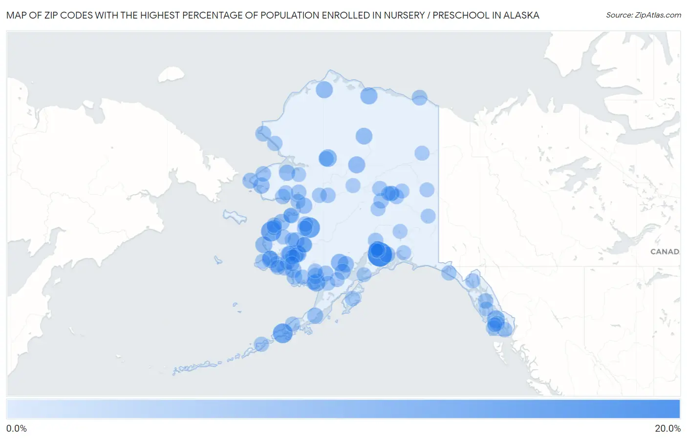 Zip Codes with the Highest Percentage of Population Enrolled in Nursery / Preschool in Alaska Map