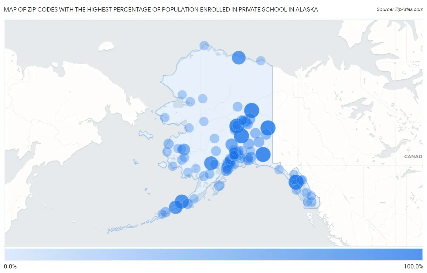 Zip Codes with the Highest Percentage of Population Enrolled in Private School in Alaska Map