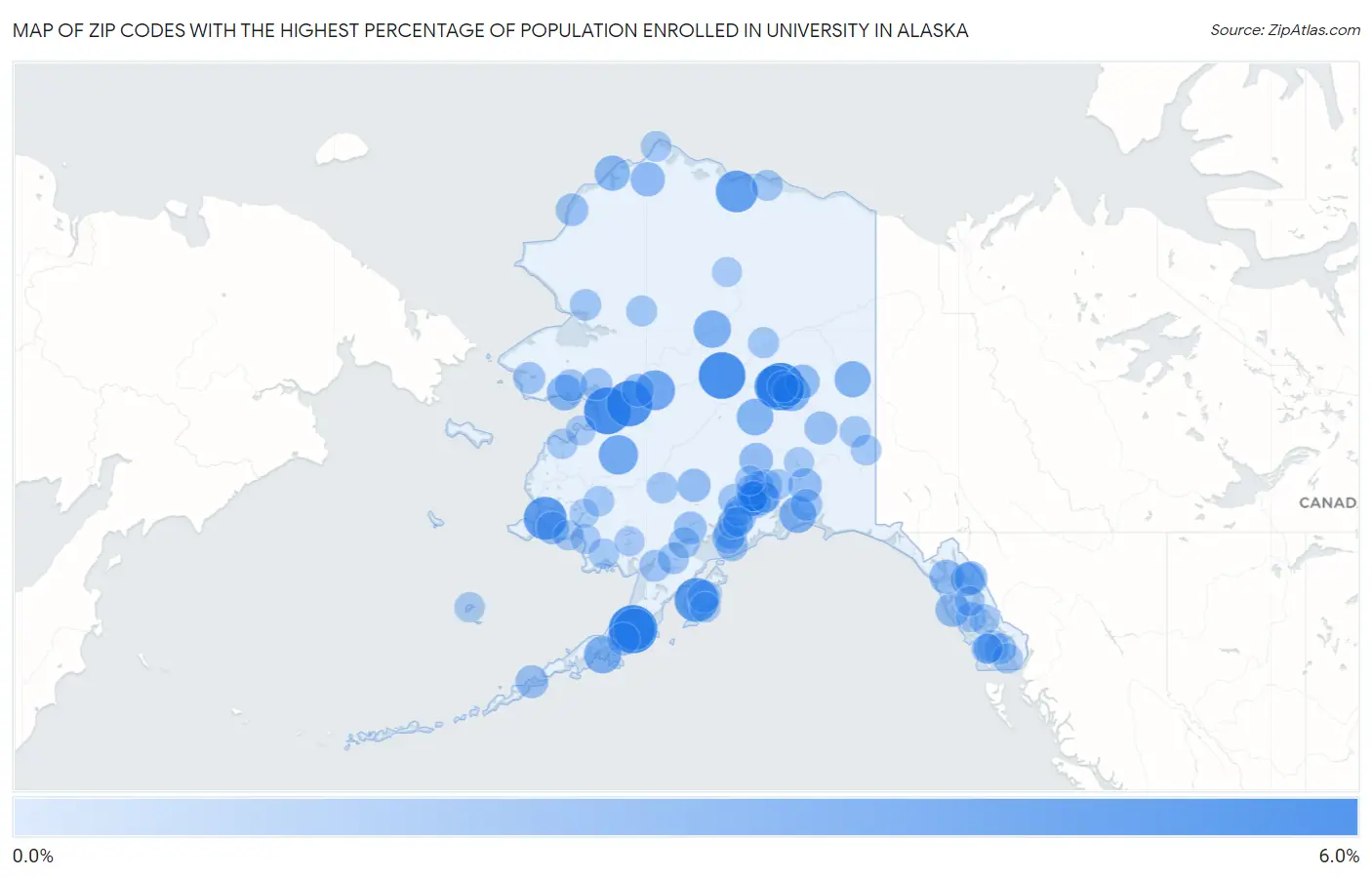 Zip Codes with the Highest Percentage of Population Enrolled in University in Alaska Map