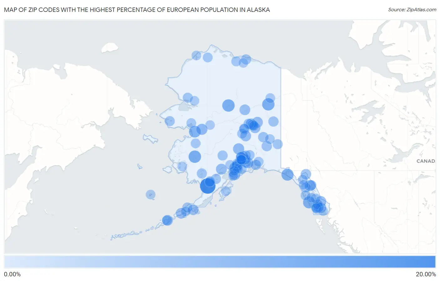 Zip Codes with the Highest Percentage of European Population in Alaska Map