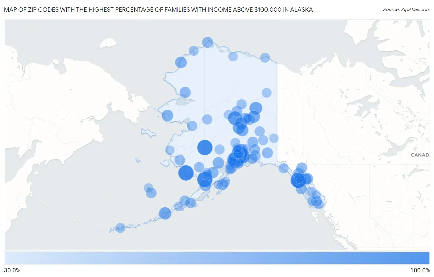 Zip Codes with the Highest Percentage of Families with Income Above $100,000 in Alaska Map