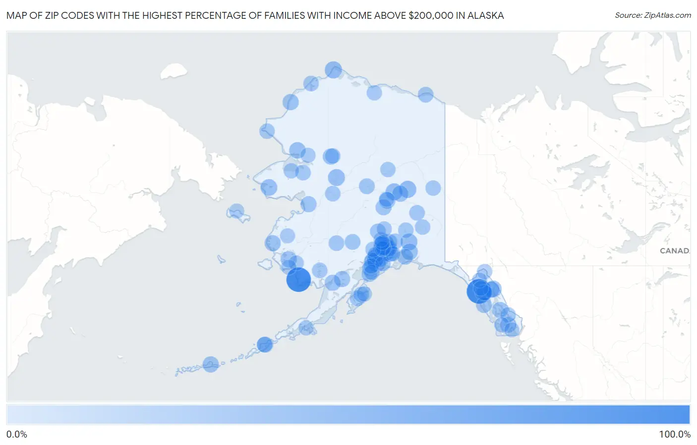 Zip Codes with the Highest Percentage of Families with Income Above $200,000 in Alaska Map