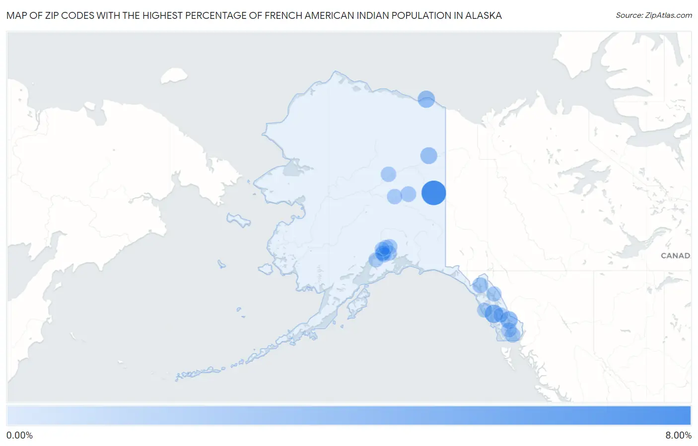 Zip Codes with the Highest Percentage of French American Indian Population in Alaska Map