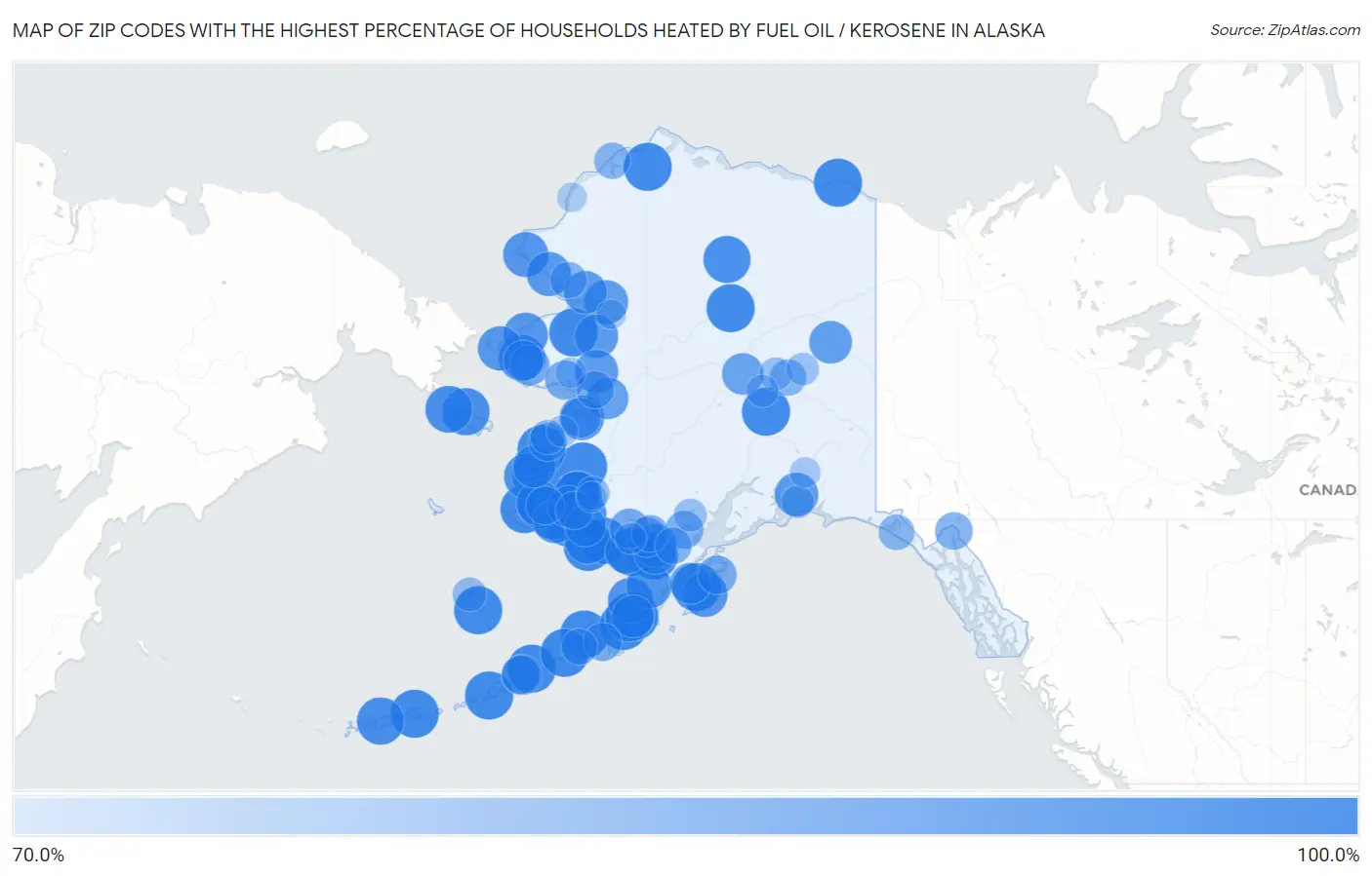 Zip Codes with the Highest Percentage of Households Heated by Fuel Oil / Kerosene in Alaska Map