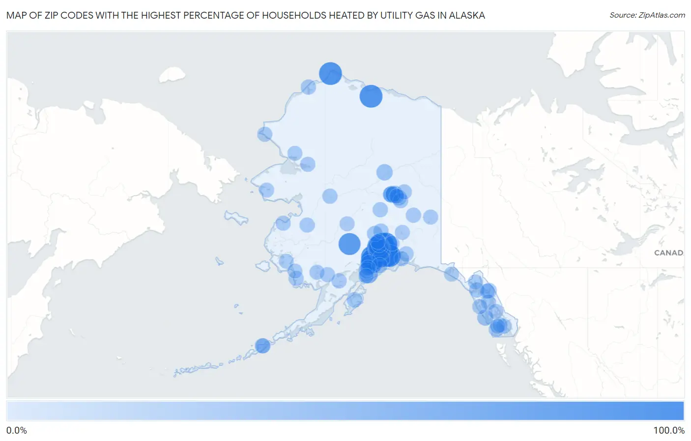 Zip Codes with the Highest Percentage of Households Heated by Utility Gas in Alaska Map
