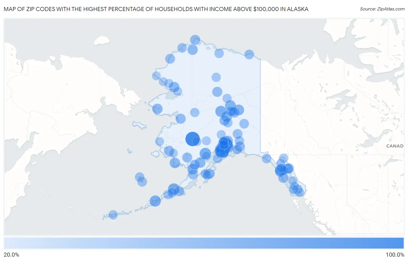 Zip Codes with the Highest Percentage of Households with Income Above $100,000 in Alaska Map