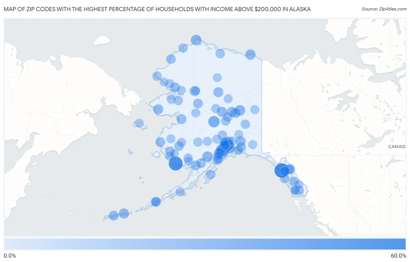 Zip Codes with the Highest Percentage of Households with Income Above $200,000 in Alaska Map