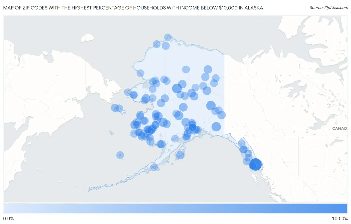 Zip Codes with the Highest Percentage of Households with Income Below $10,000 in Alaska Map