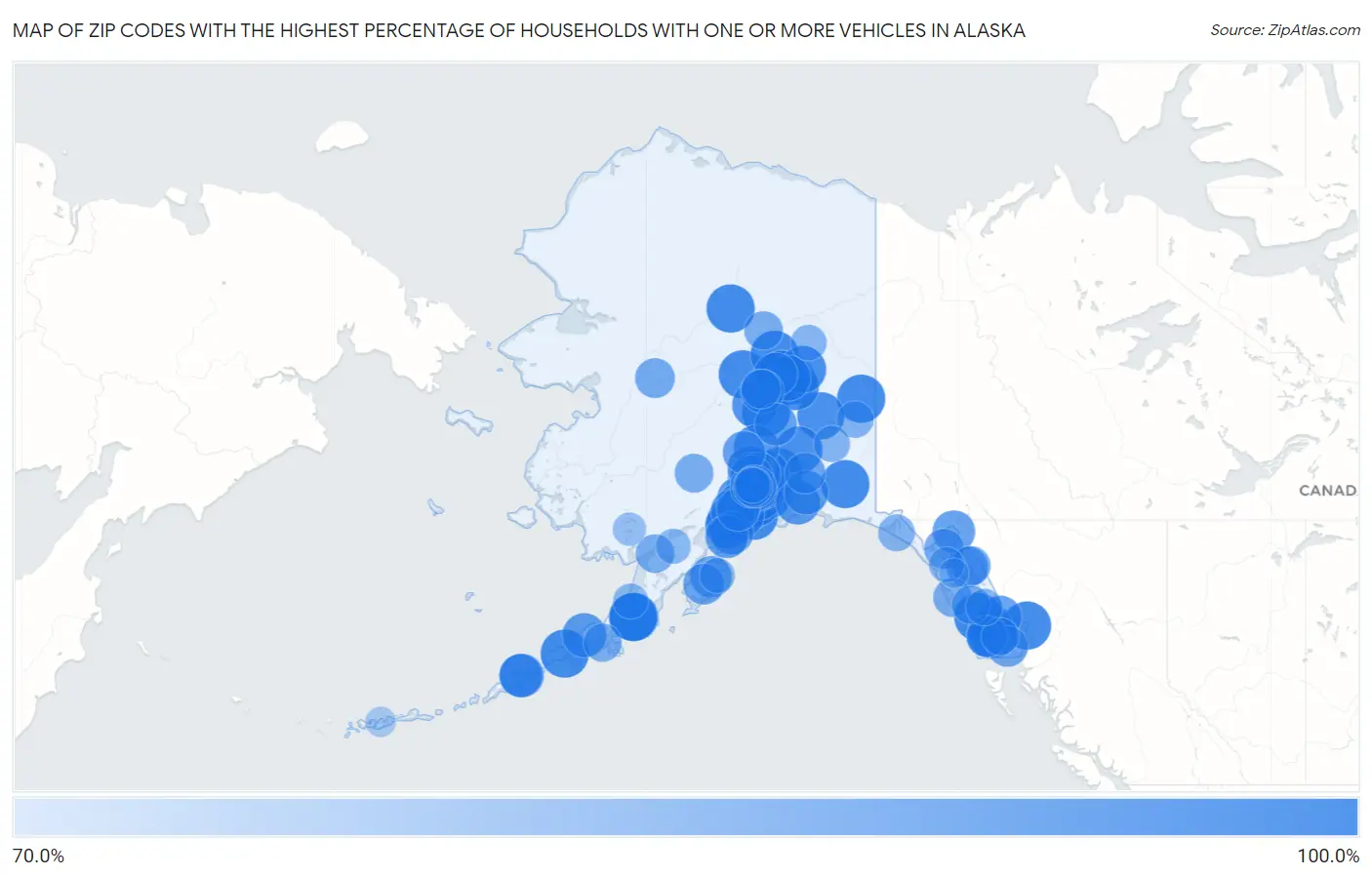 Zip Codes with the Highest Percentage of Households With One or more Vehicles in Alaska Map