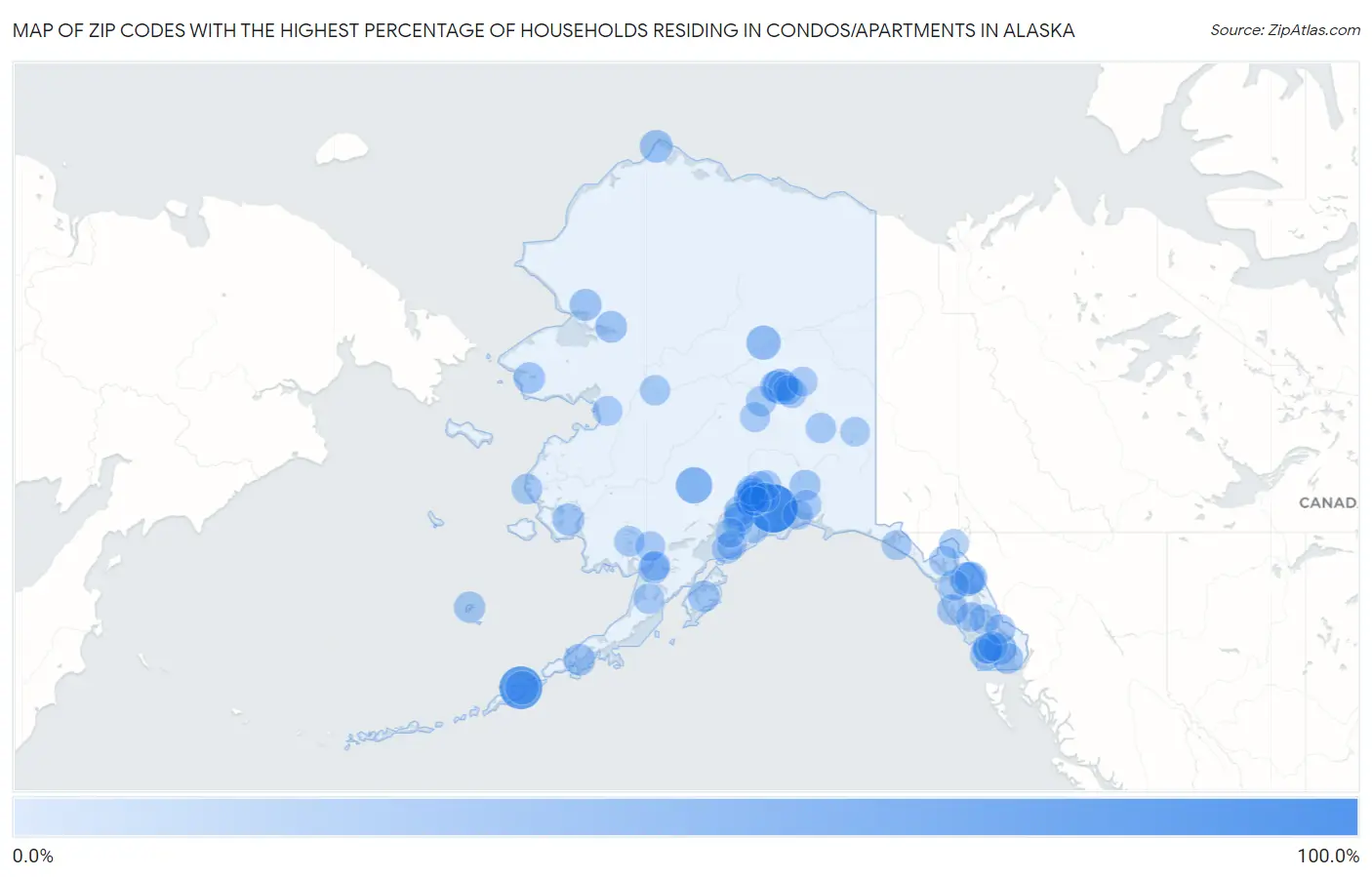 Zip Codes with the Highest Percentage of Households Residing in Condos/Apartments in Alaska Map