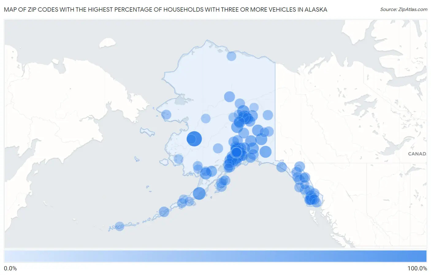 Zip Codes with the Highest Percentage of Households With Three or more Vehicles in Alaska Map