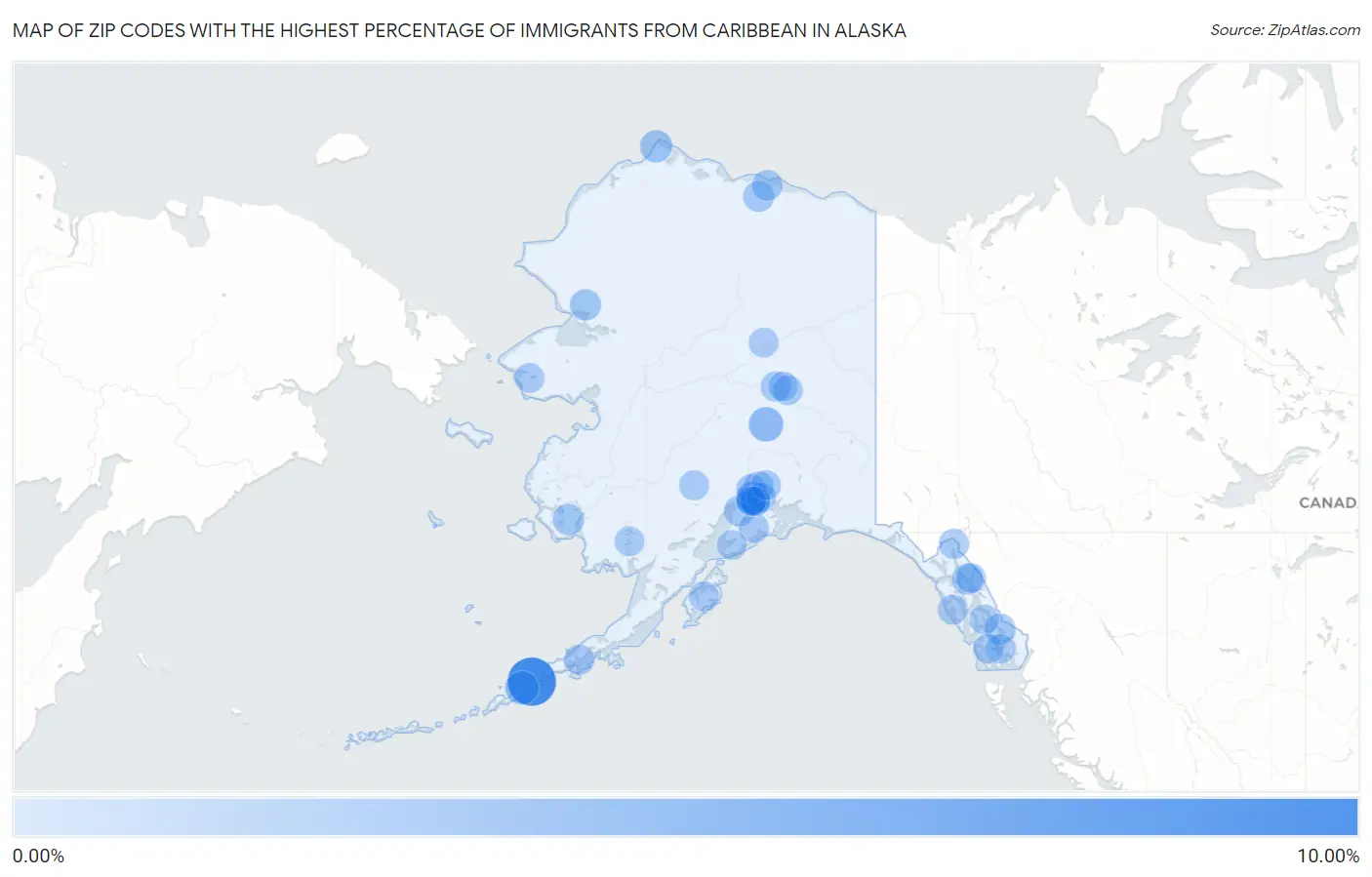 Zip Codes with the Highest Percentage of Immigrants from Caribbean in Alaska Map
