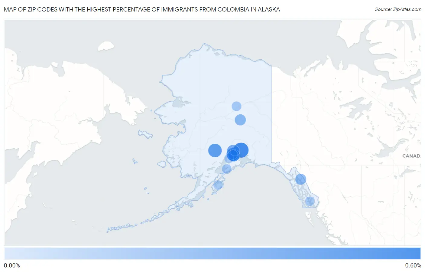Zip Codes with the Highest Percentage of Immigrants from Colombia in Alaska Map