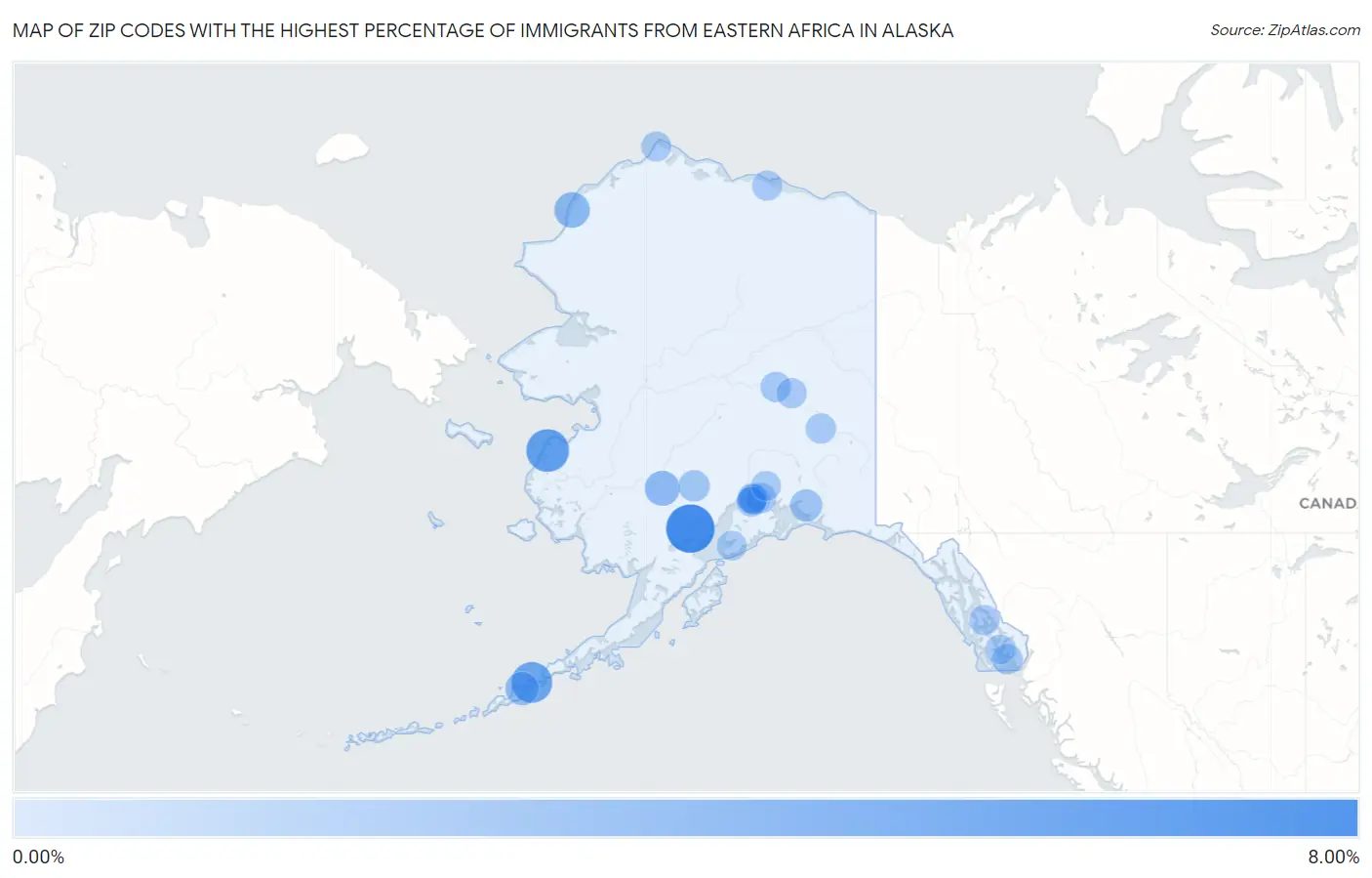 Zip Codes with the Highest Percentage of Immigrants from Eastern Africa in Alaska Map