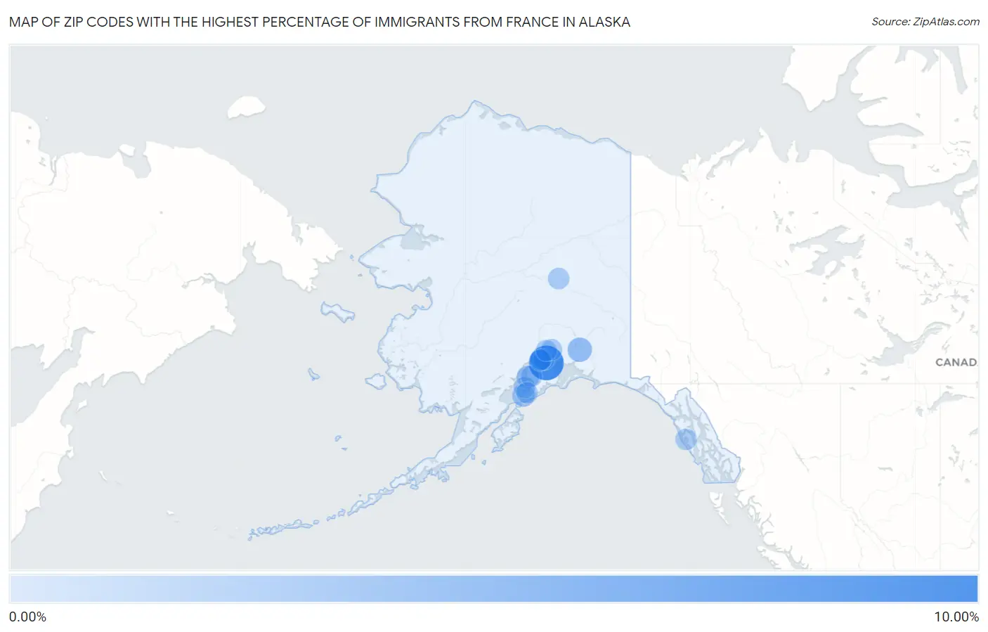 Zip Codes with the Highest Percentage of Immigrants from France in Alaska Map