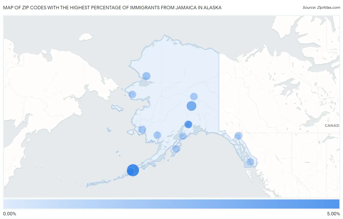 Zip Codes with the Highest Percentage of Immigrants from Jamaica in Alaska Map