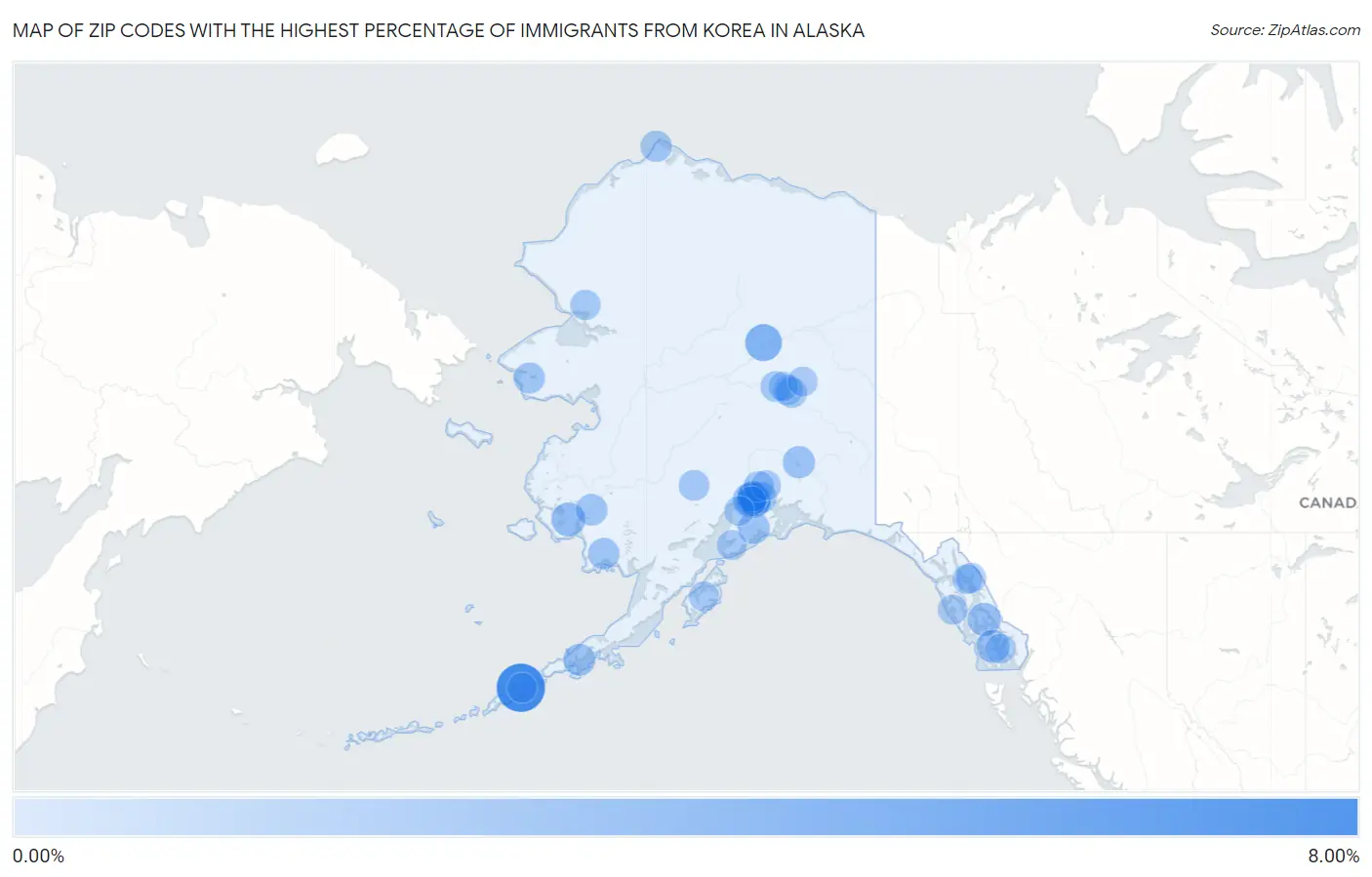 Zip Codes with the Highest Percentage of Immigrants from Korea in Alaska Map