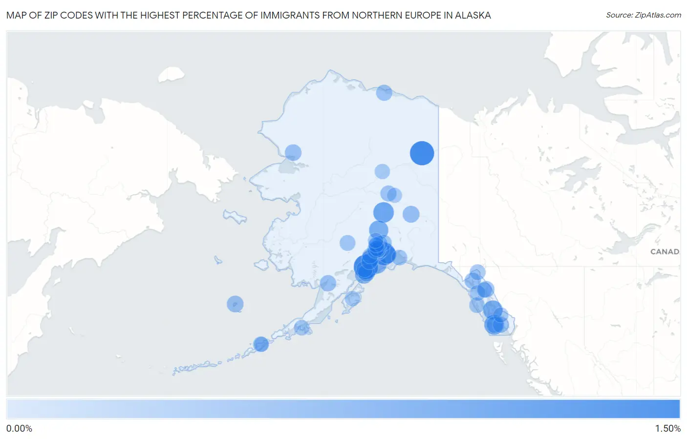 Zip Codes with the Highest Percentage of Immigrants from Northern Europe in Alaska Map