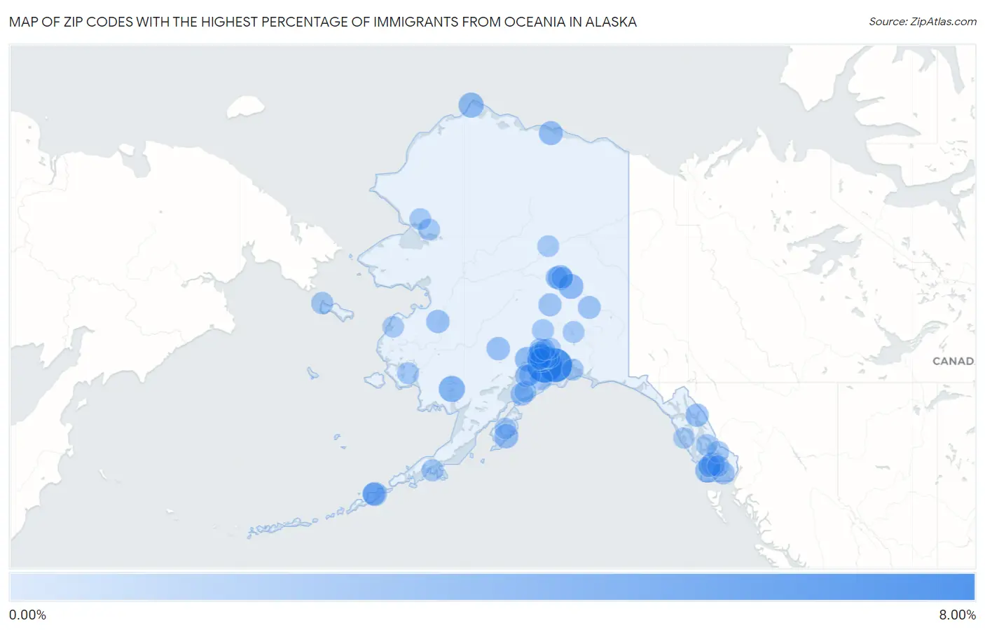 Zip Codes with the Highest Percentage of Immigrants from Oceania in Alaska Map