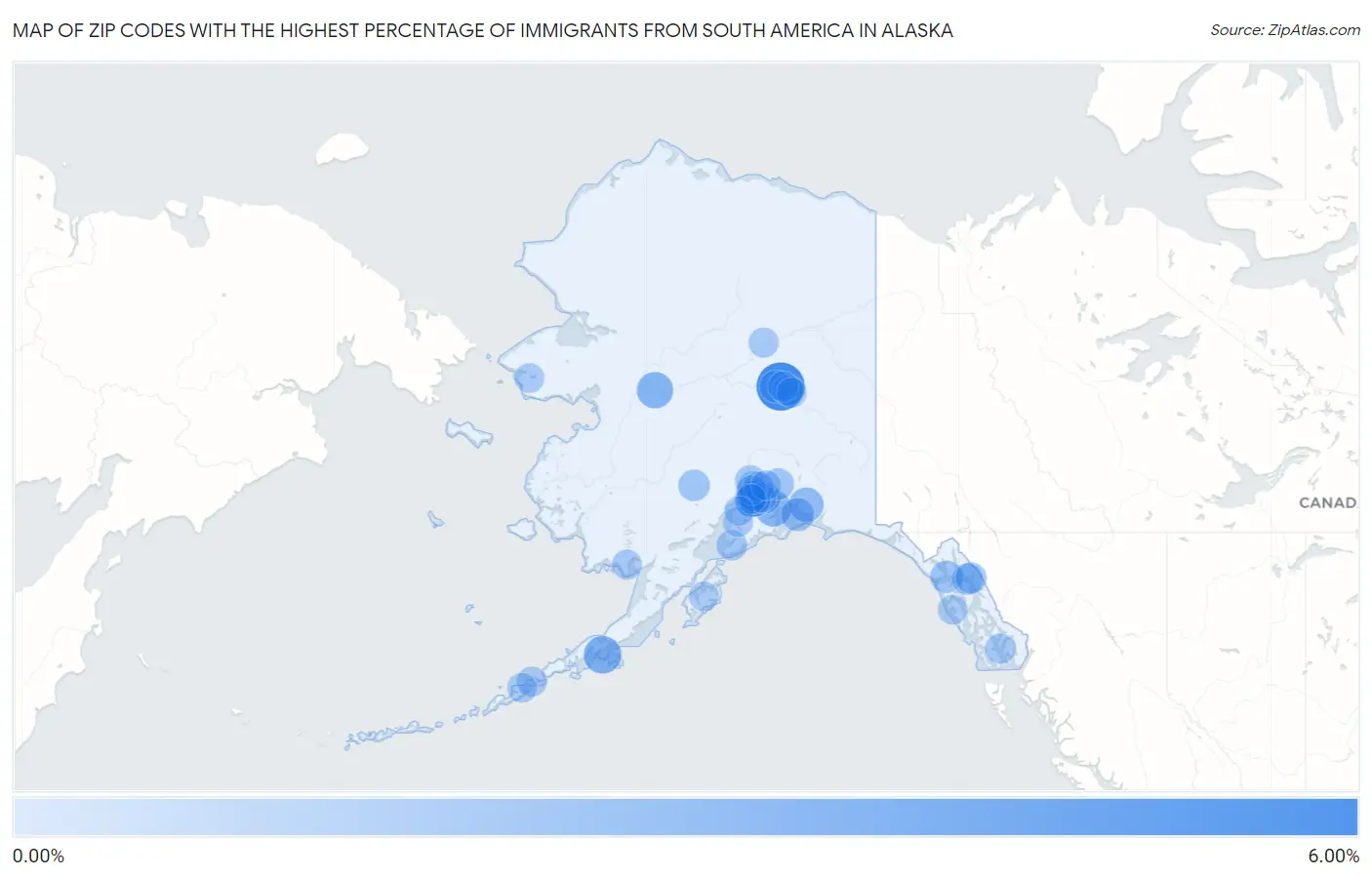 Zip Codes with the Highest Percentage of Immigrants from South America in Alaska Map
