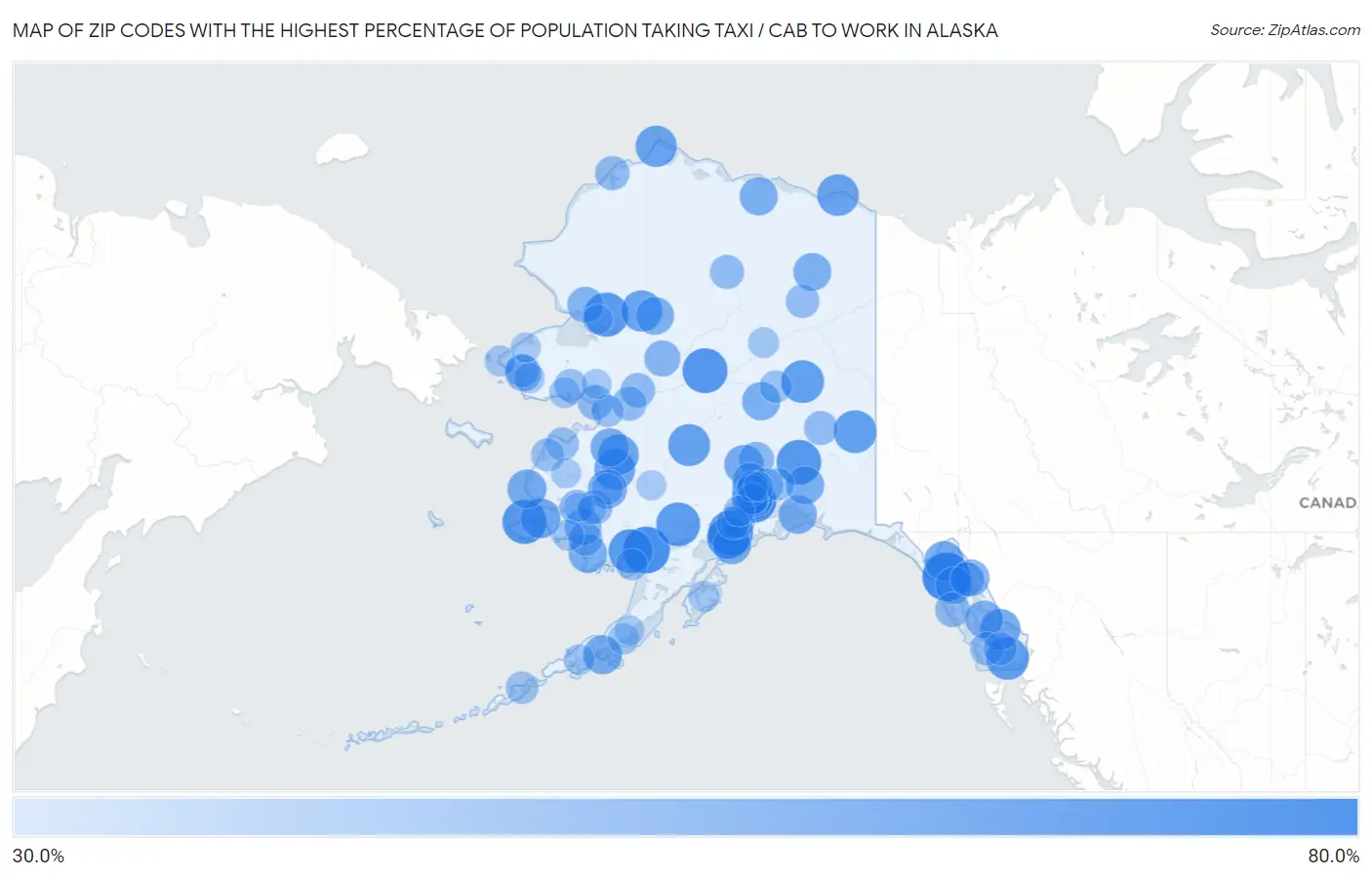 Zip Codes with the Highest Percentage of Population Taking Taxi / Cab to Work in Alaska Map