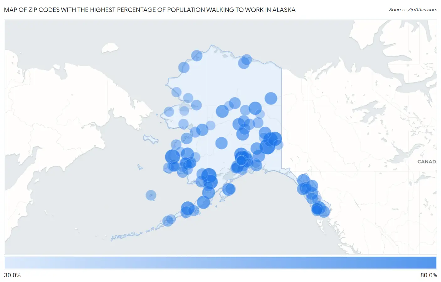 Zip Codes with the Highest Percentage of Population Walking to Work in Alaska Map