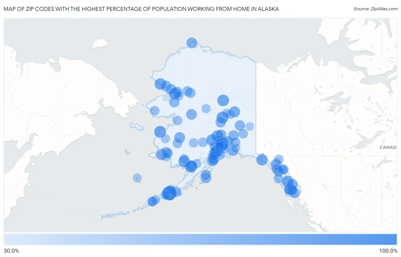 Zip Codes with the Highest Percentage of Population Working from Home in Alaska Map