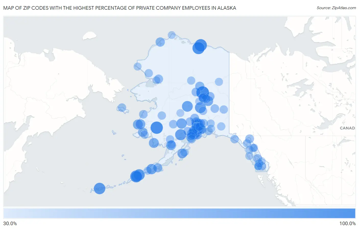 Zip Codes with the Highest Percentage of Private Company Employees in Alaska Map