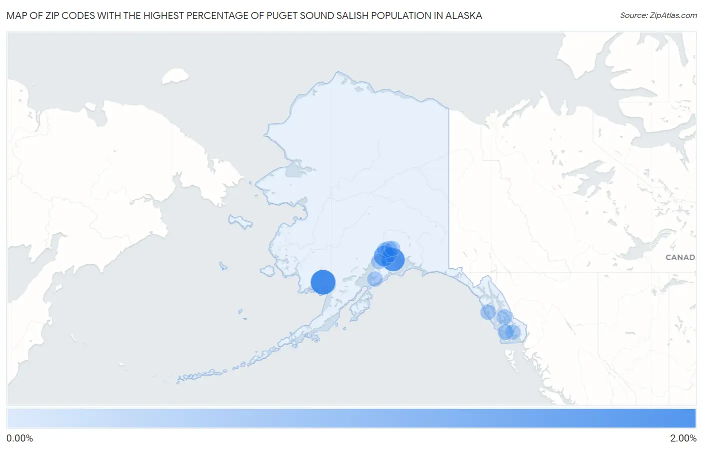 Zip Codes with the Highest Percentage of Puget Sound Salish Population in Alaska Map
