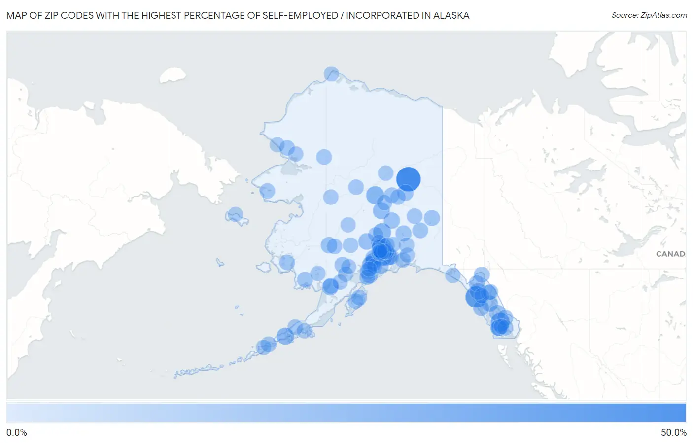 Zip Codes with the Highest Percentage of Self-Employed / Incorporated in Alaska Map