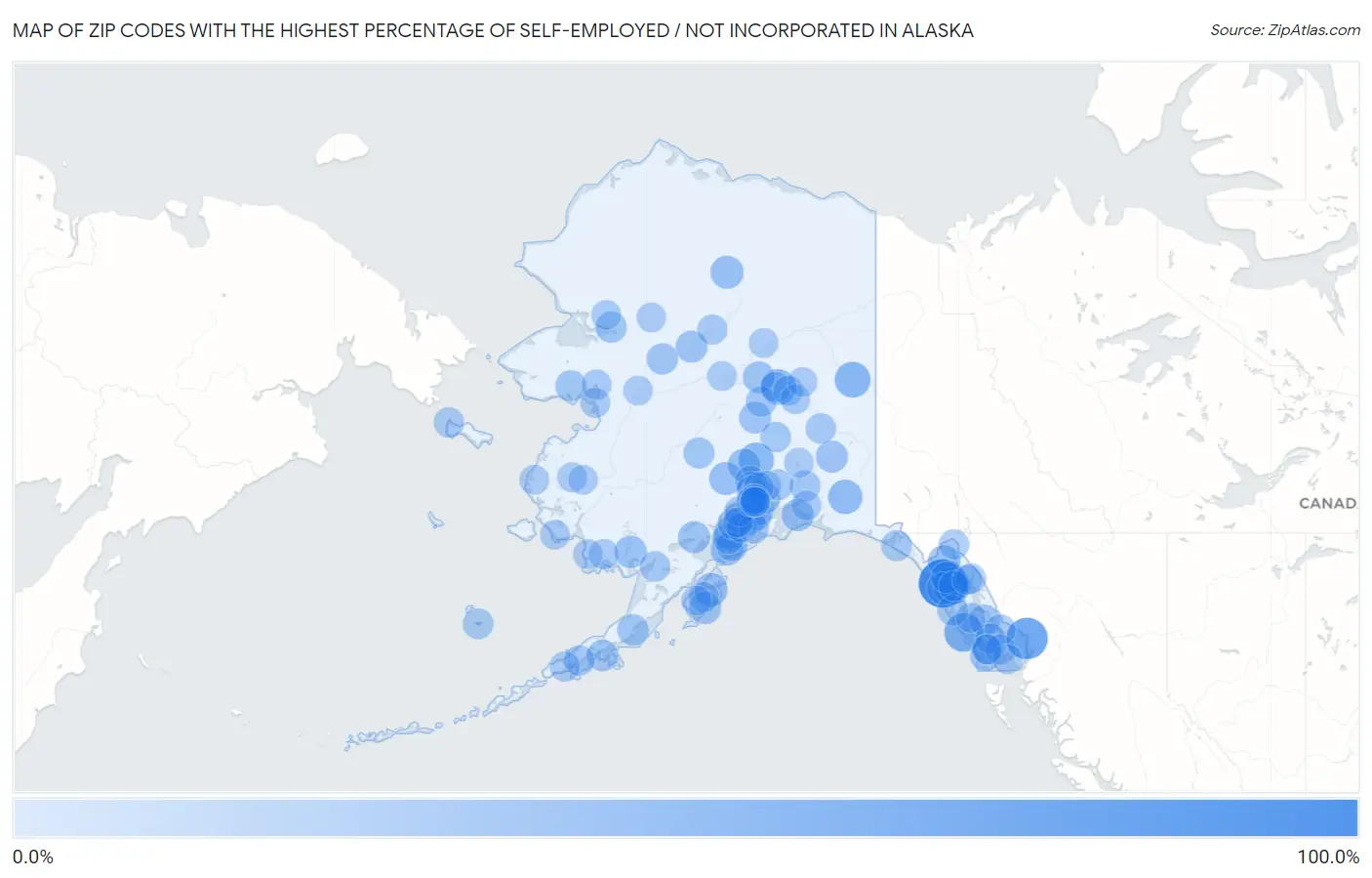 Zip Codes with the Highest Percentage of Self-Employed / Not Incorporated in Alaska Map