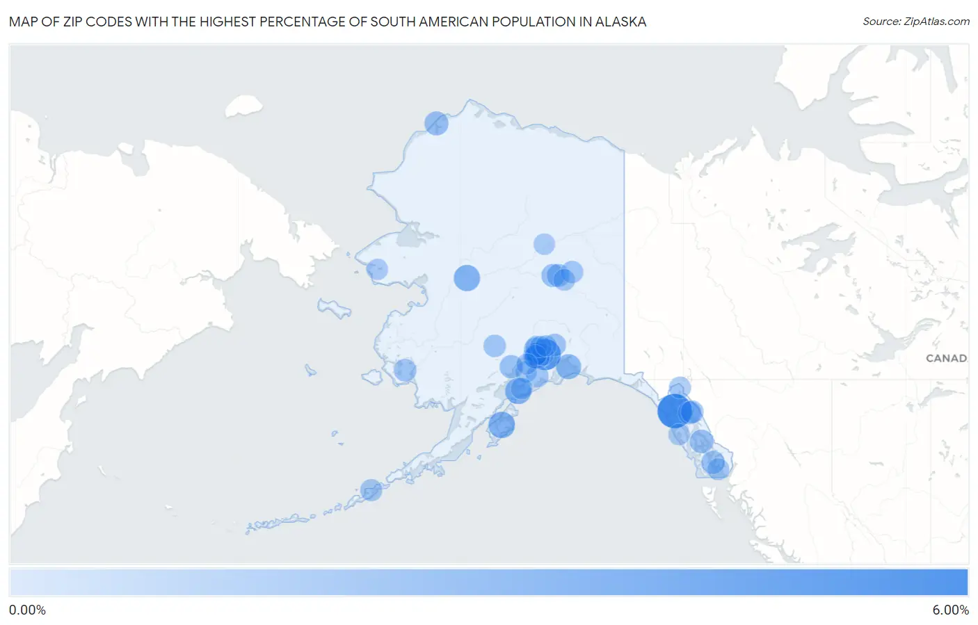 Zip Codes with the Highest Percentage of South American Population in Alaska Map