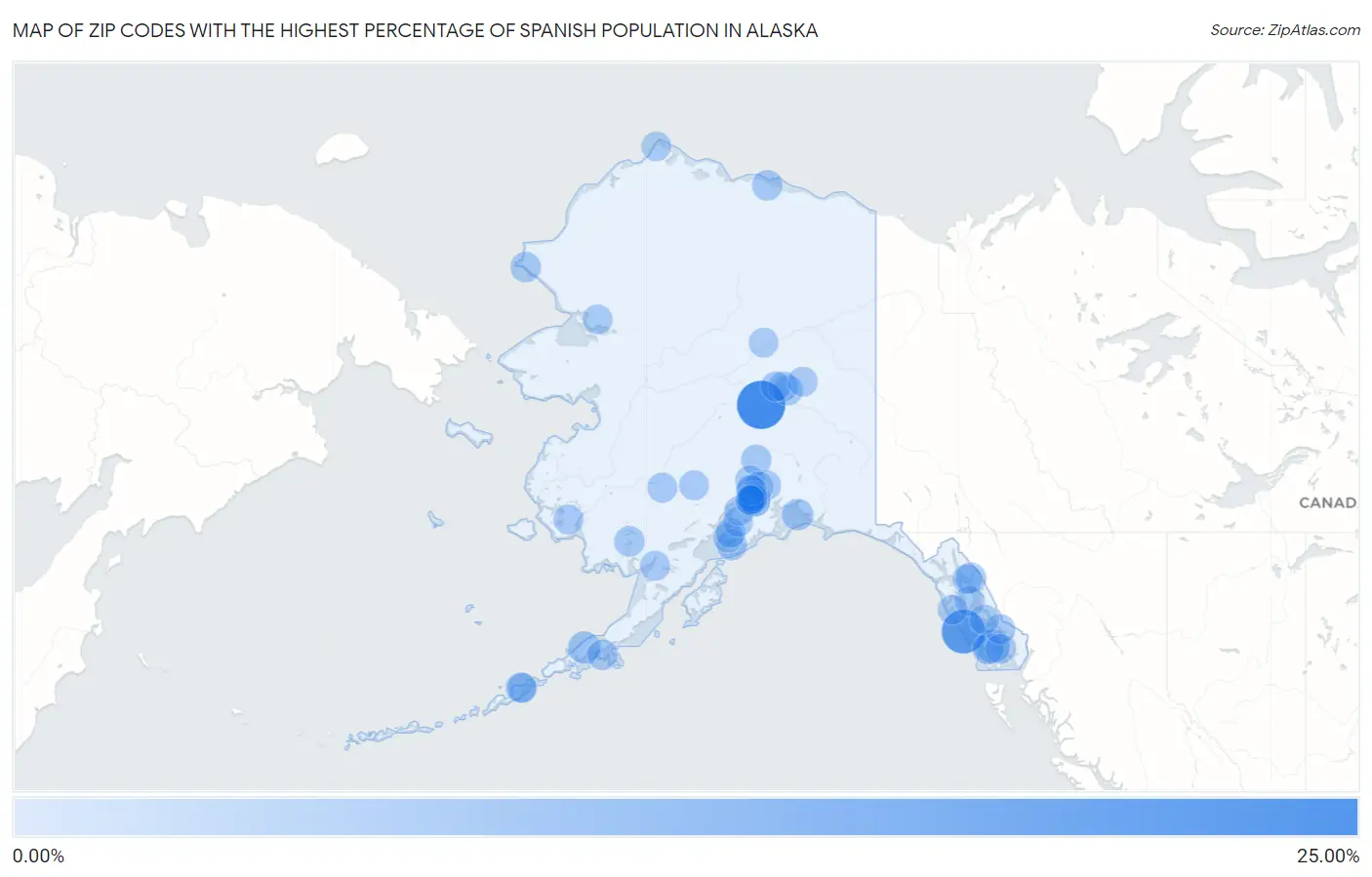 Zip Codes with the Highest Percentage of Spanish Population in Alaska Map