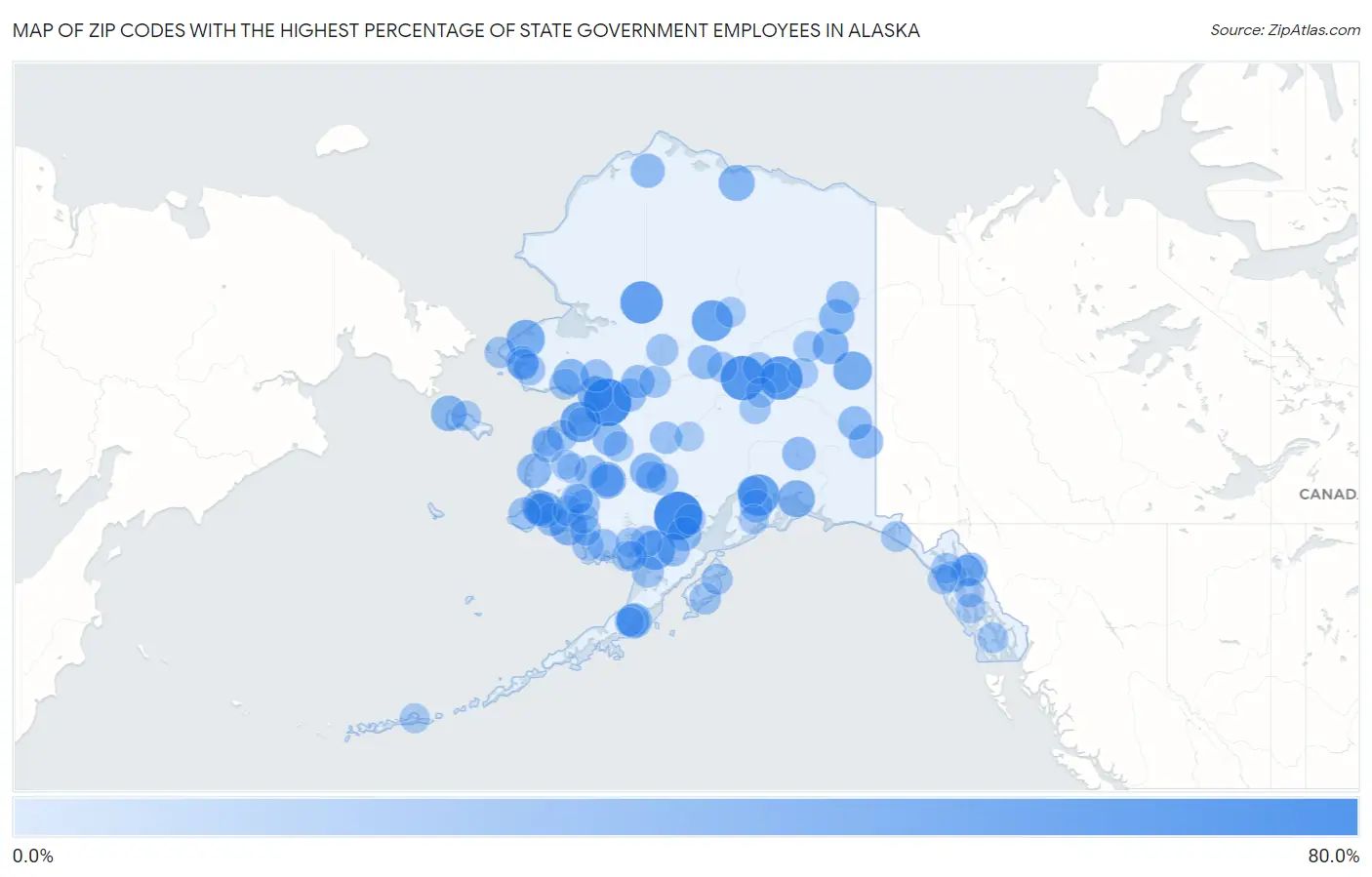 Zip Codes with the Highest Percentage of State Government Employees in Alaska Map