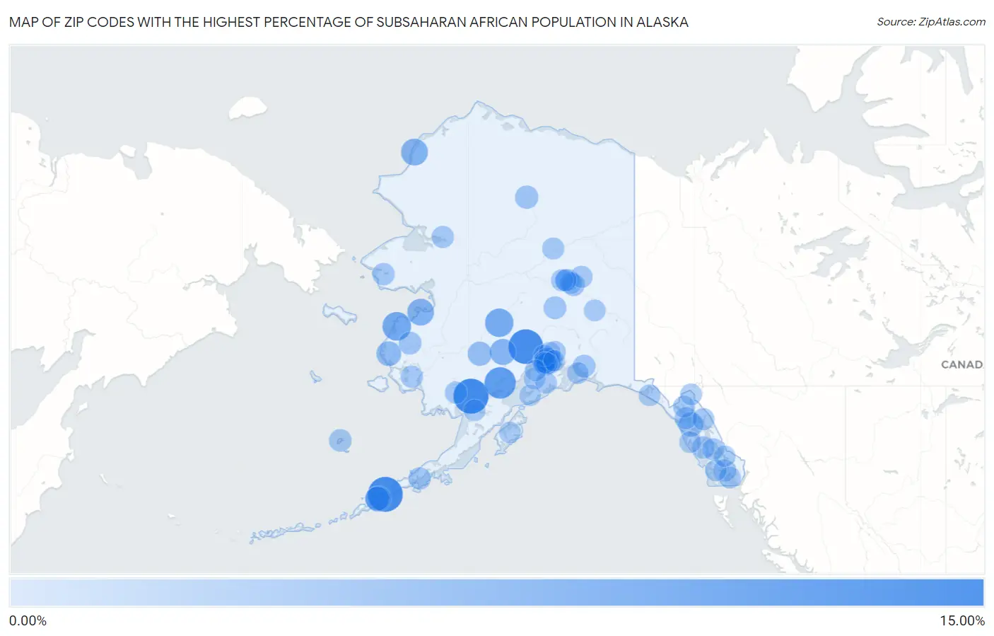 Zip Codes with the Highest Percentage of Subsaharan African Population in Alaska Map