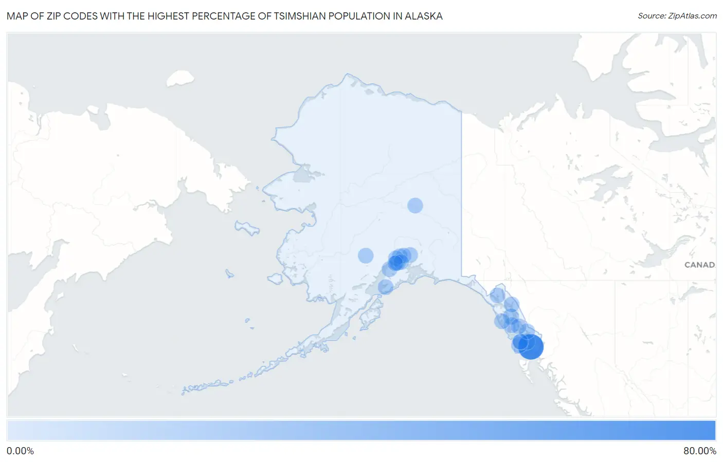 Zip Codes with the Highest Percentage of Tsimshian Population in Alaska Map