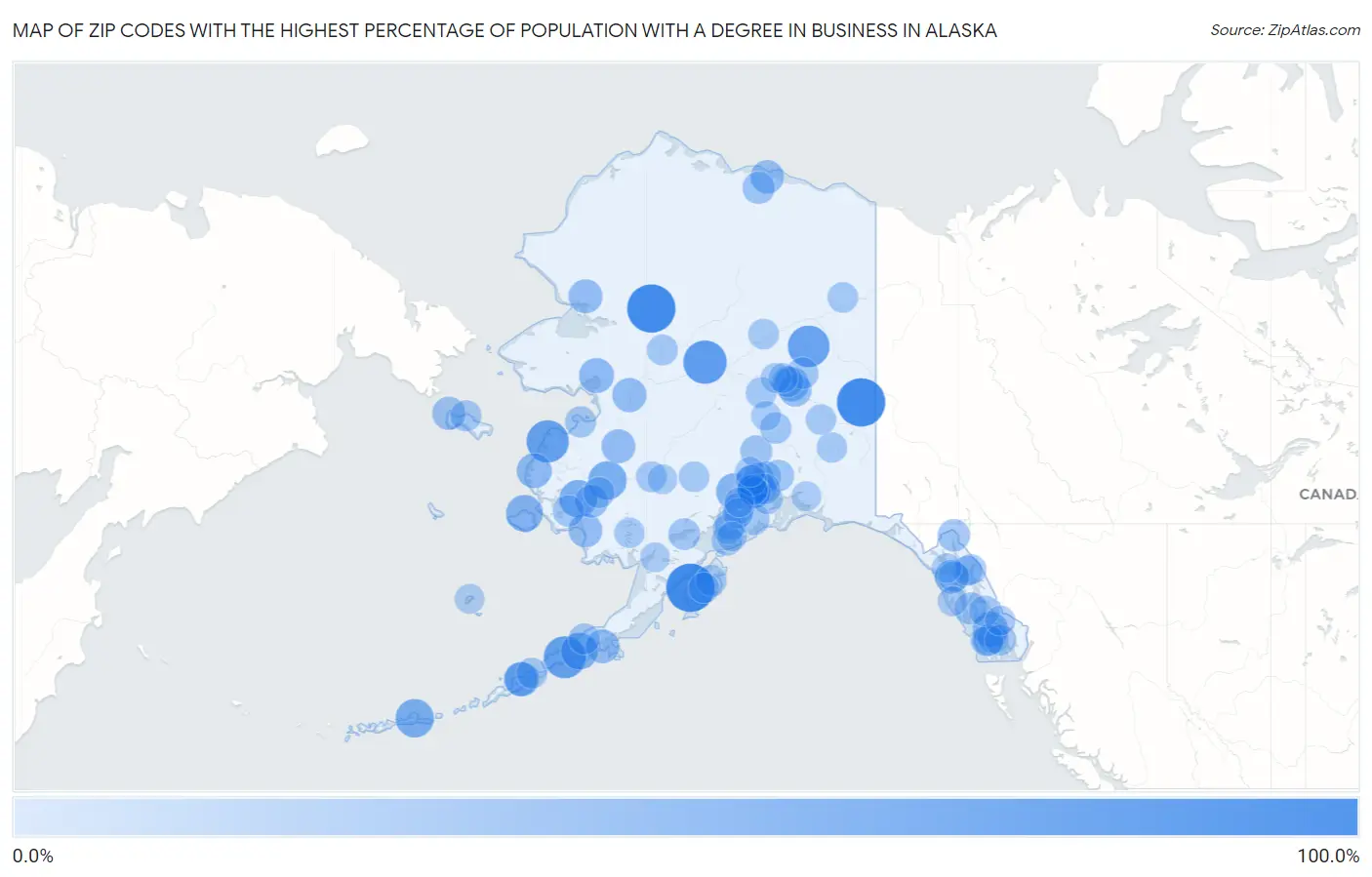 Zip Codes with the Highest Percentage of Population with a Degree in Business in Alaska Map